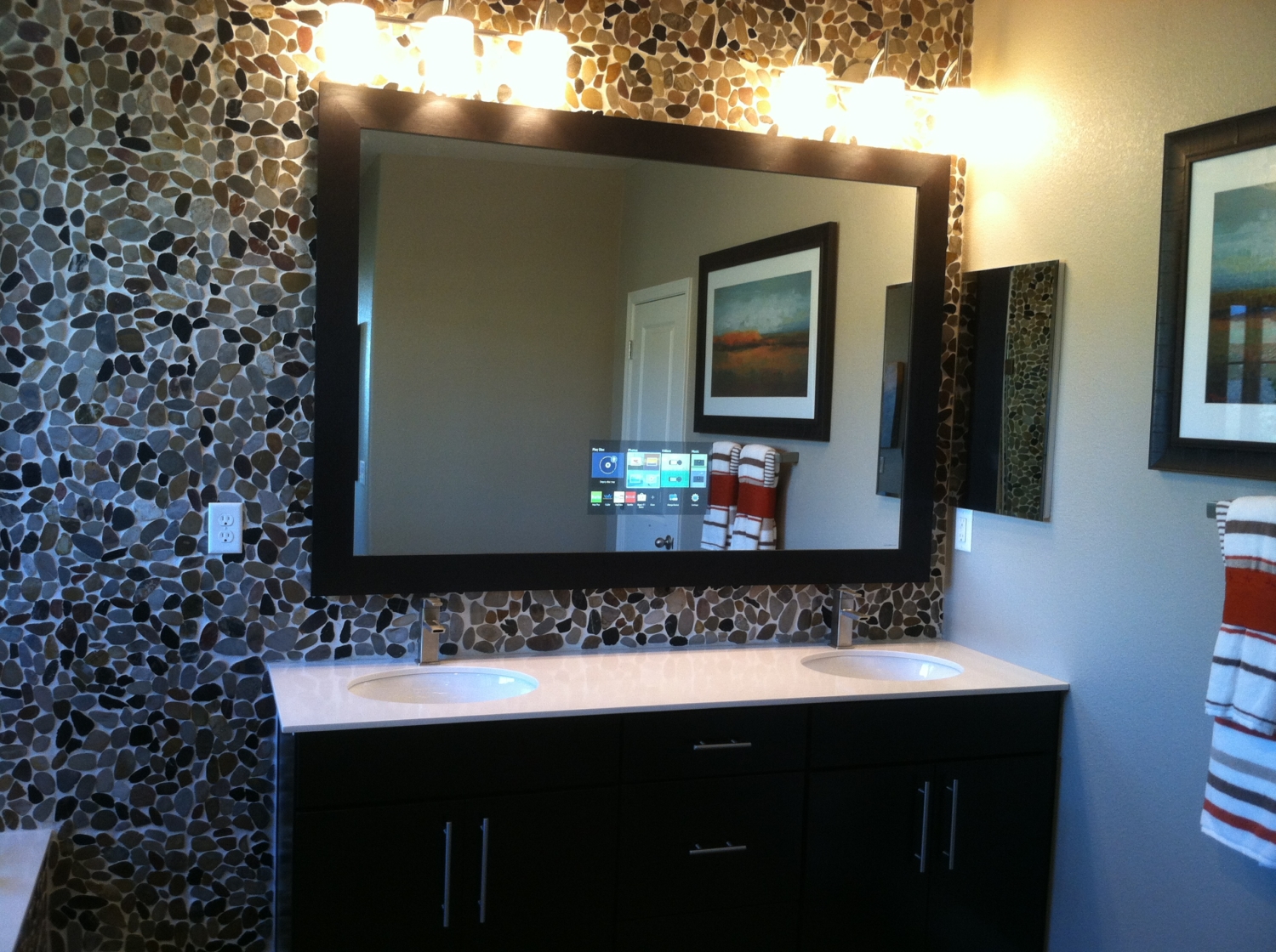 Bathroom mirror with built in Control4 navigation panel
