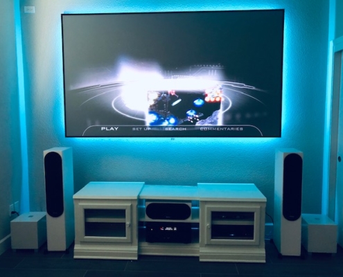 Home theater setup with blue back lighting